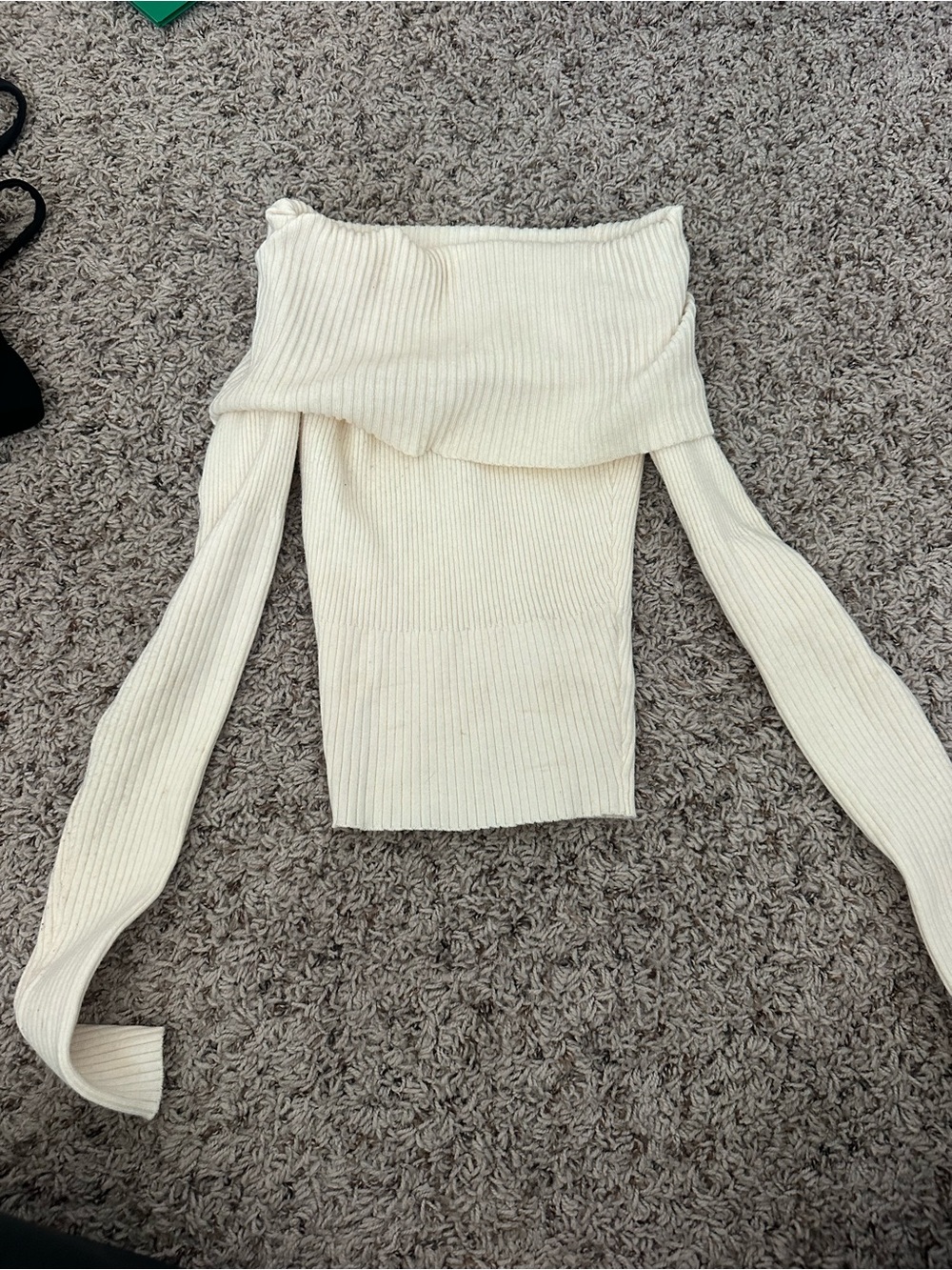 Princess Polly Cream Off-Shoulder Ribbed Sweater Worn